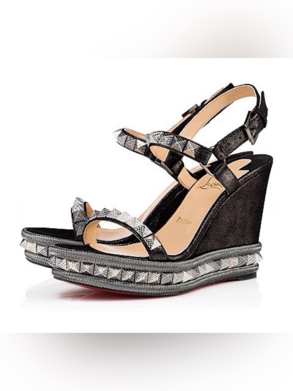 CHRISTIAN LOUBOUTIN PYRACLOU BLACK GLITTER WEDGE SANDALS SIZE 38